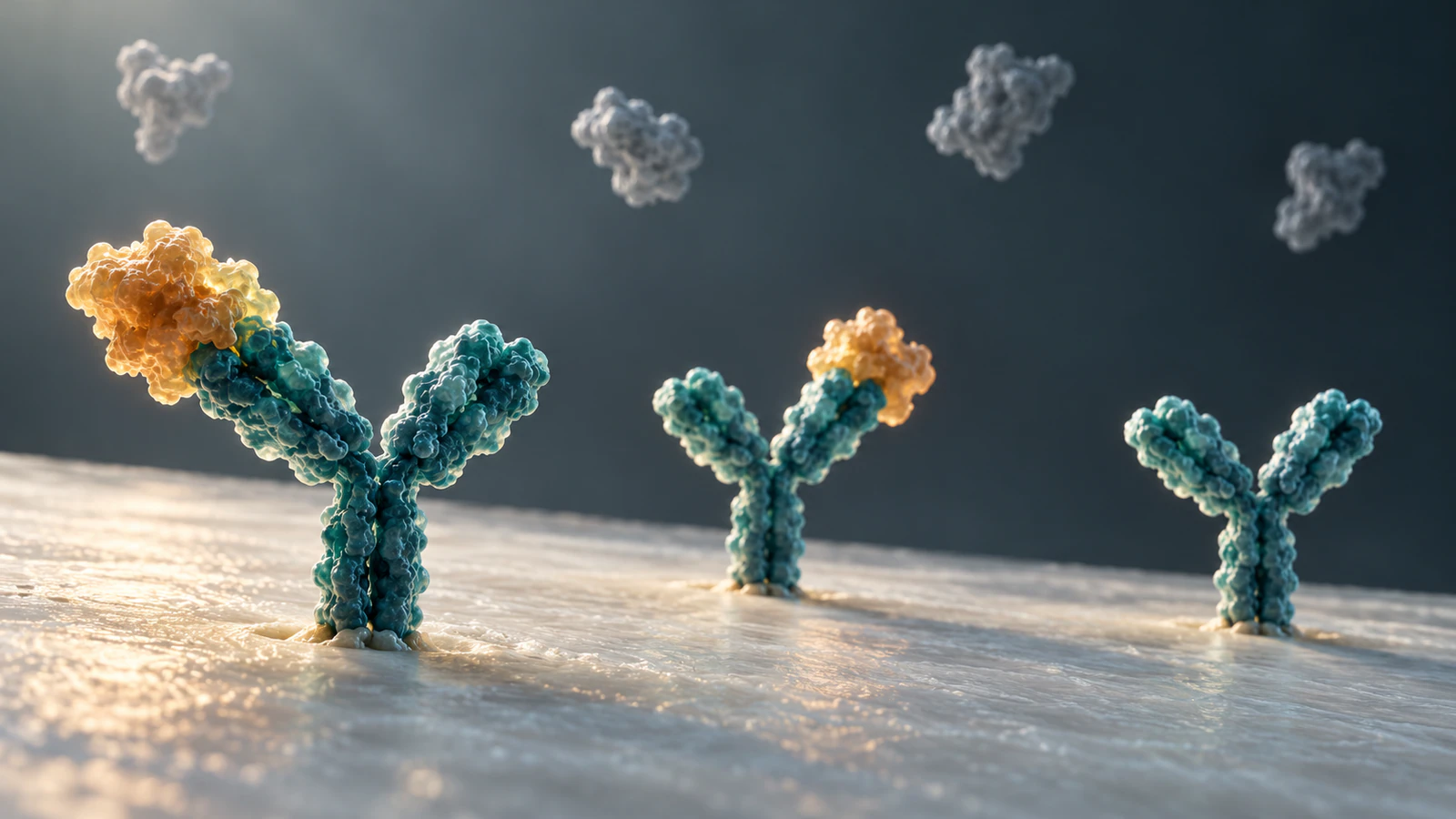 Surface-bound teal antibodies retain amber antigens while unbound gray proteins remain above