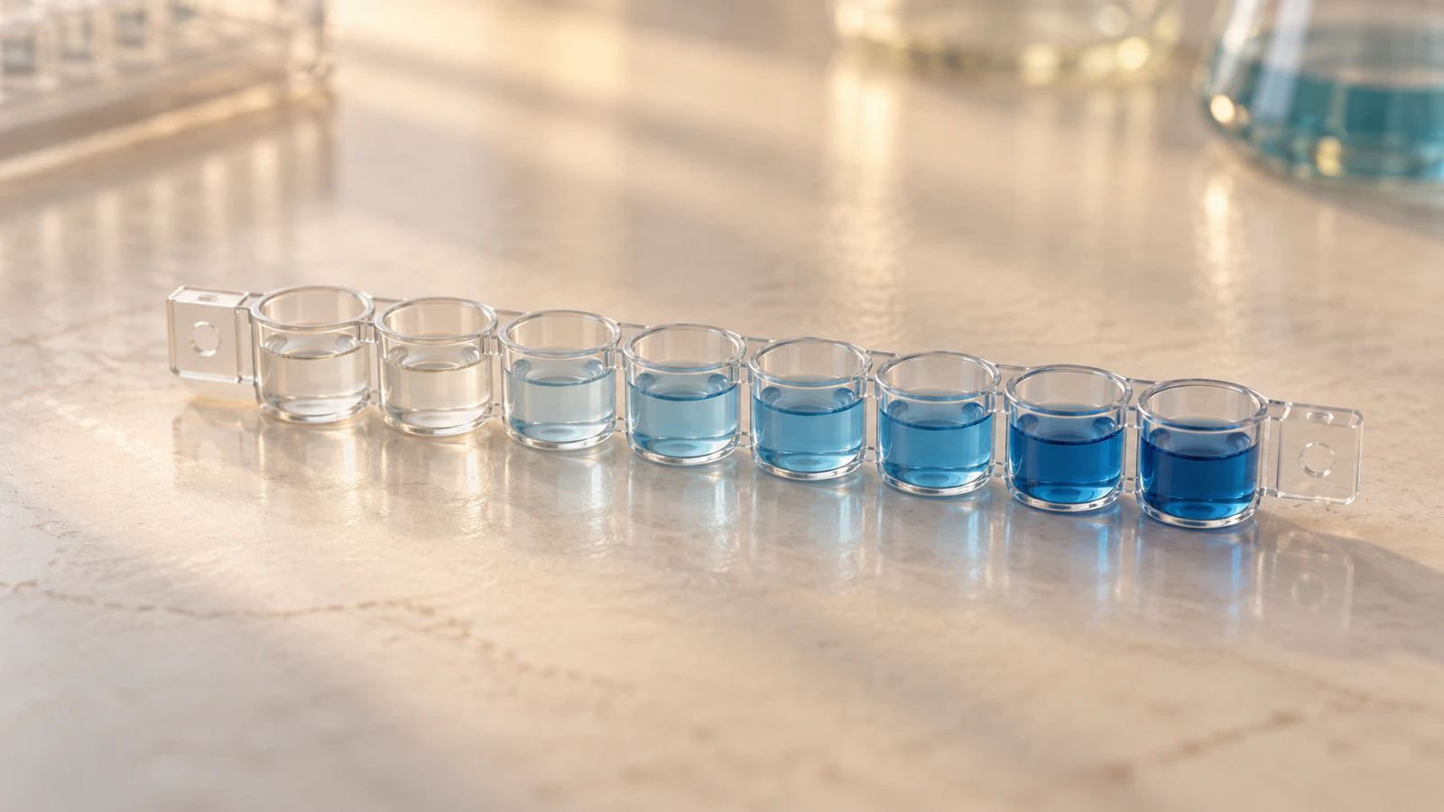 Eight connected assay wells contain equal liquid levels with increasing blue tint
