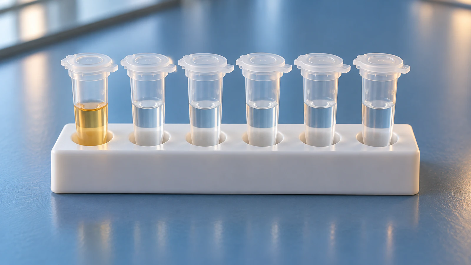 Six closed sample tubes stand in a rack before assay preparation