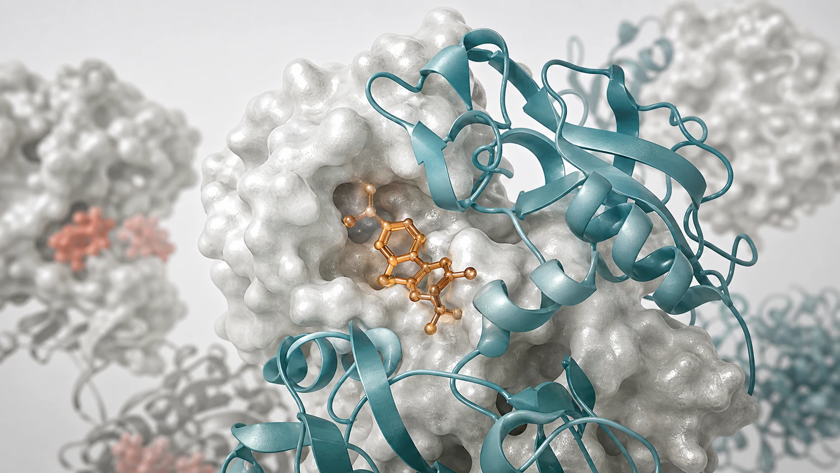 Wide 3D render of a protein surface and teal ribbon complex with a warm amber ligand in a binding pocket.