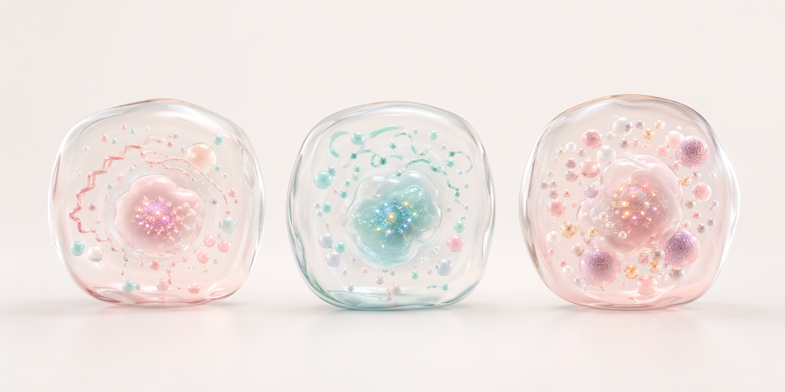Three translucent pastel cell-like chambers with distinct internal signal patterns suggesting connected multimodal readouts