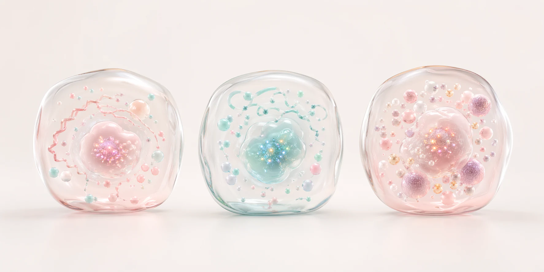 Three translucent pastel cell-like chambers with distinct internal signal patterns suggesting connected multimodal readouts