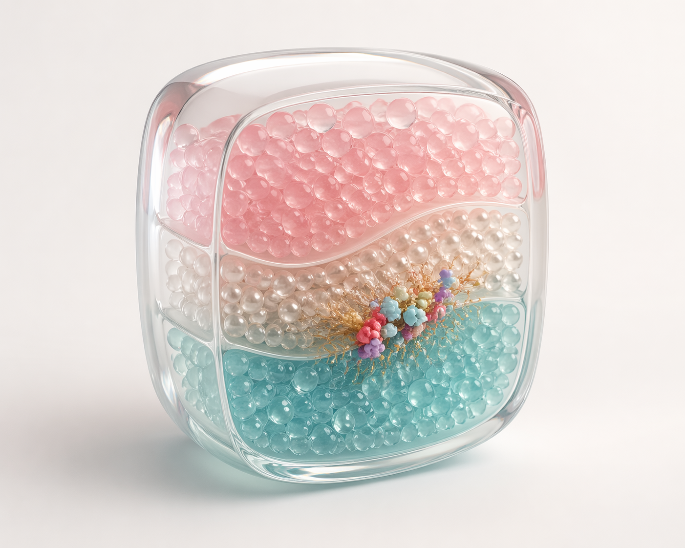 Translucent rounded block with pink pearl and aqua layers meeting at a small multicolor multimodal signal core