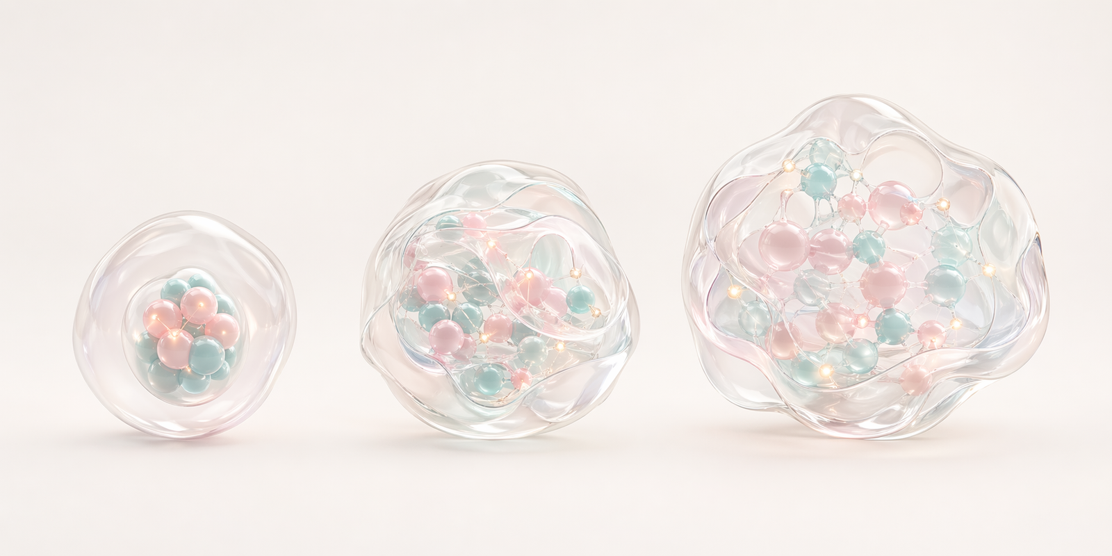 Three translucent pastel biomaterial forms progressing from simple to more integrated multimodal structure