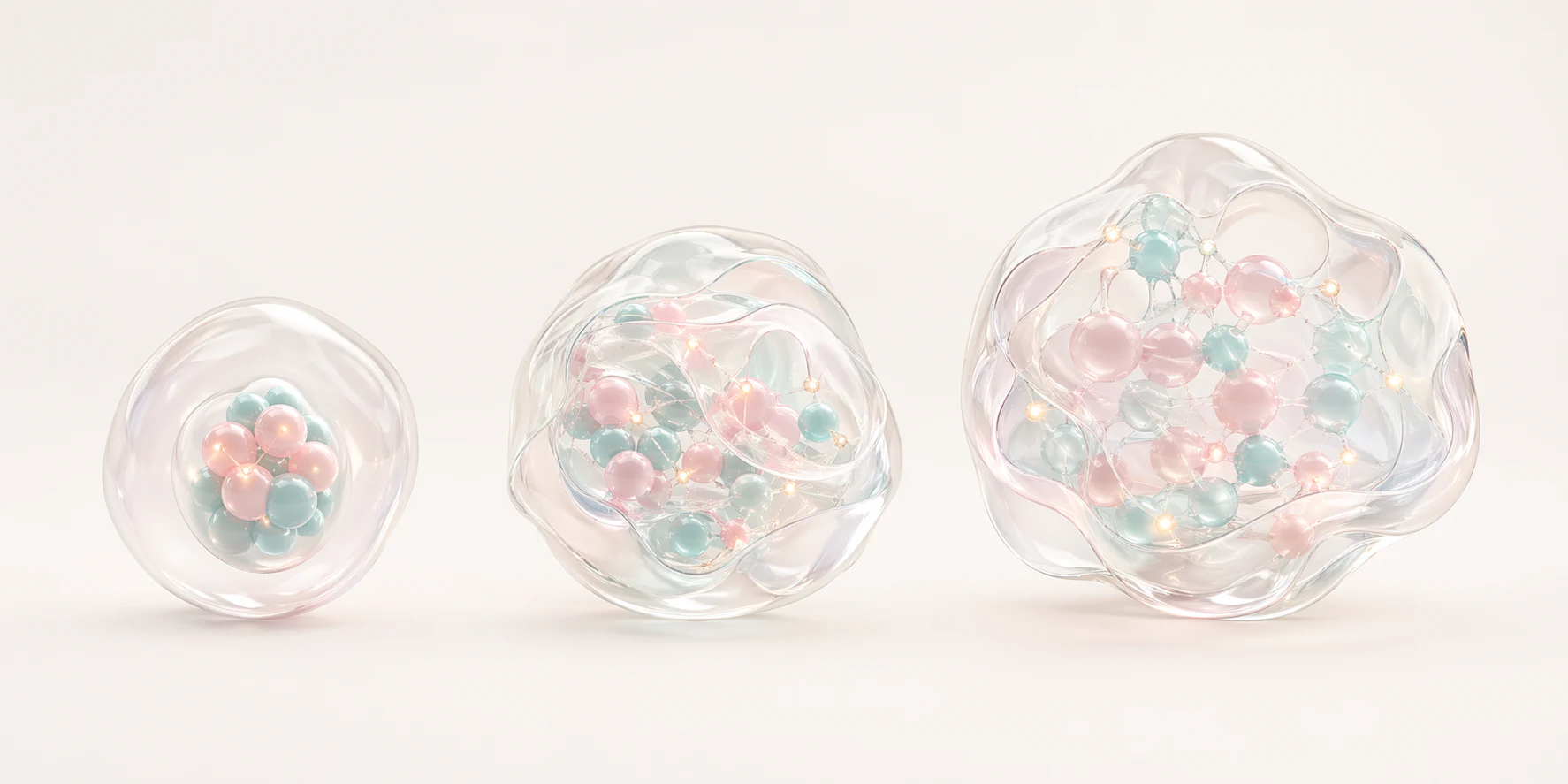 Three translucent pastel biomaterial forms progressing from simple to more integrated multimodal structure
