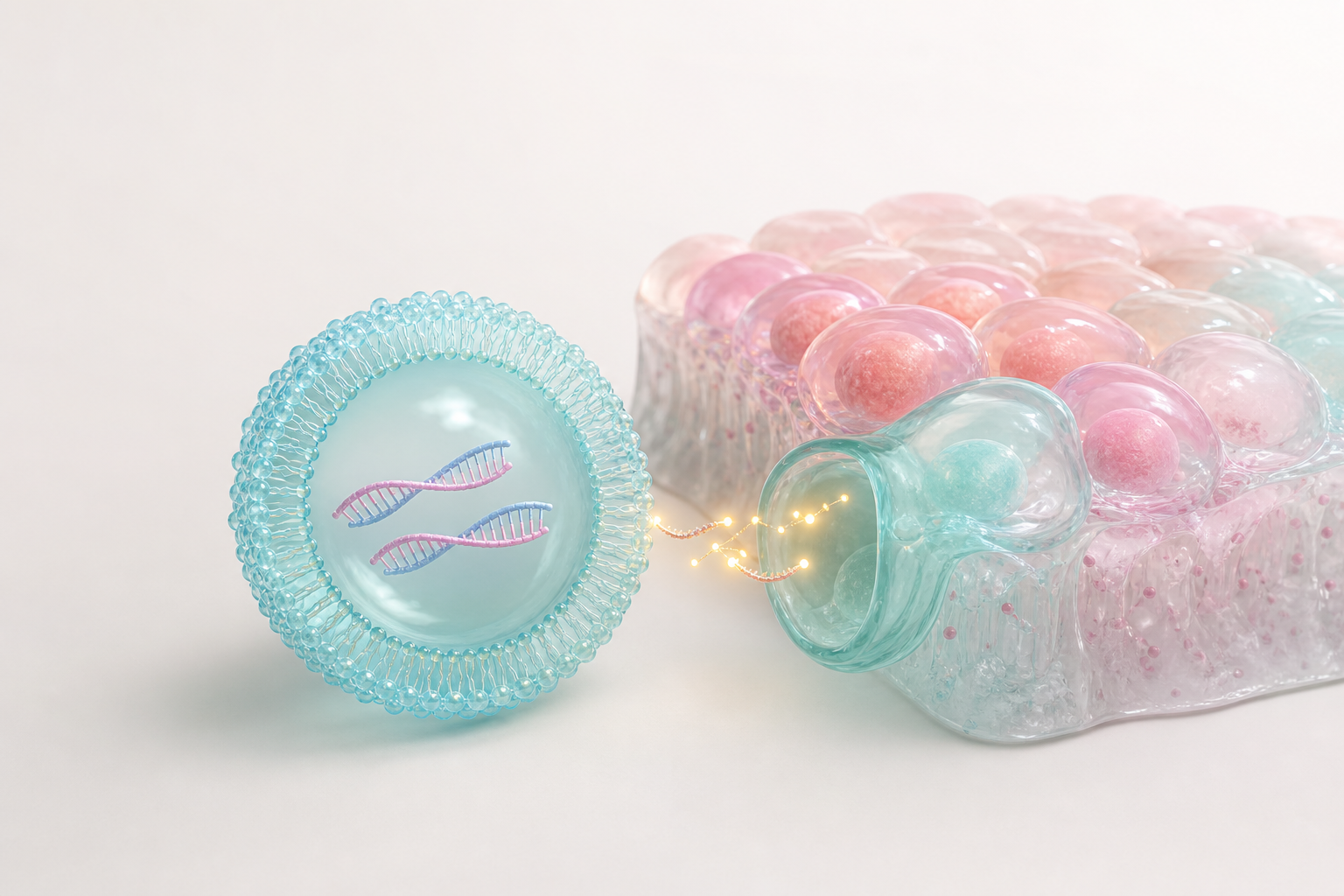 Translucent cyan lipid nanoparticle releasing siRNA beside glossy pastel tissue cells