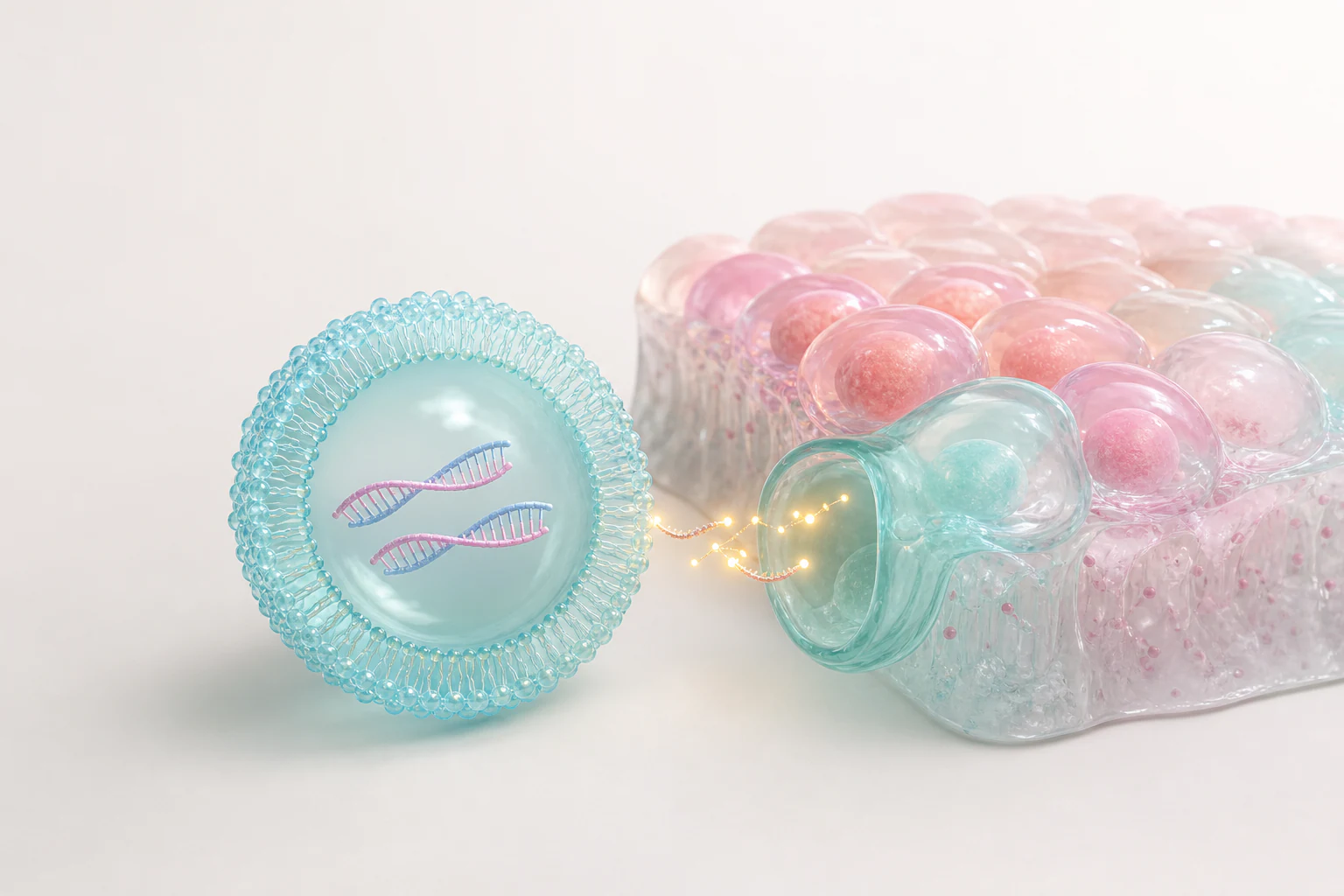Translucent cyan lipid nanoparticle releasing siRNA beside glossy pastel tissue cells