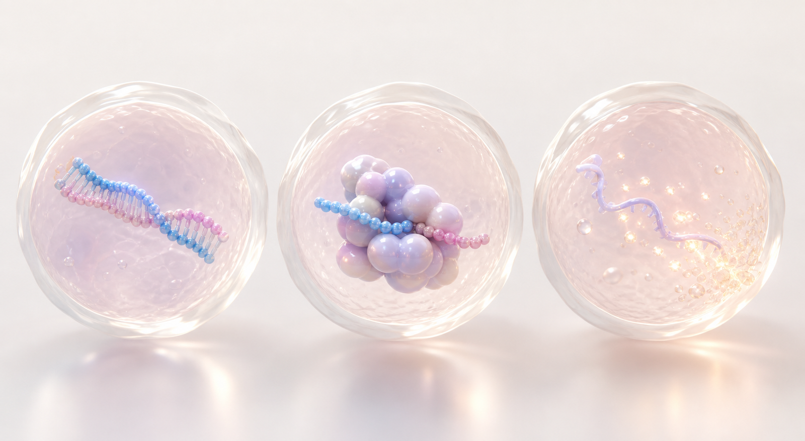 Three translucent pastel capsules showing siRNA duplex loading into a simplified RISC complex