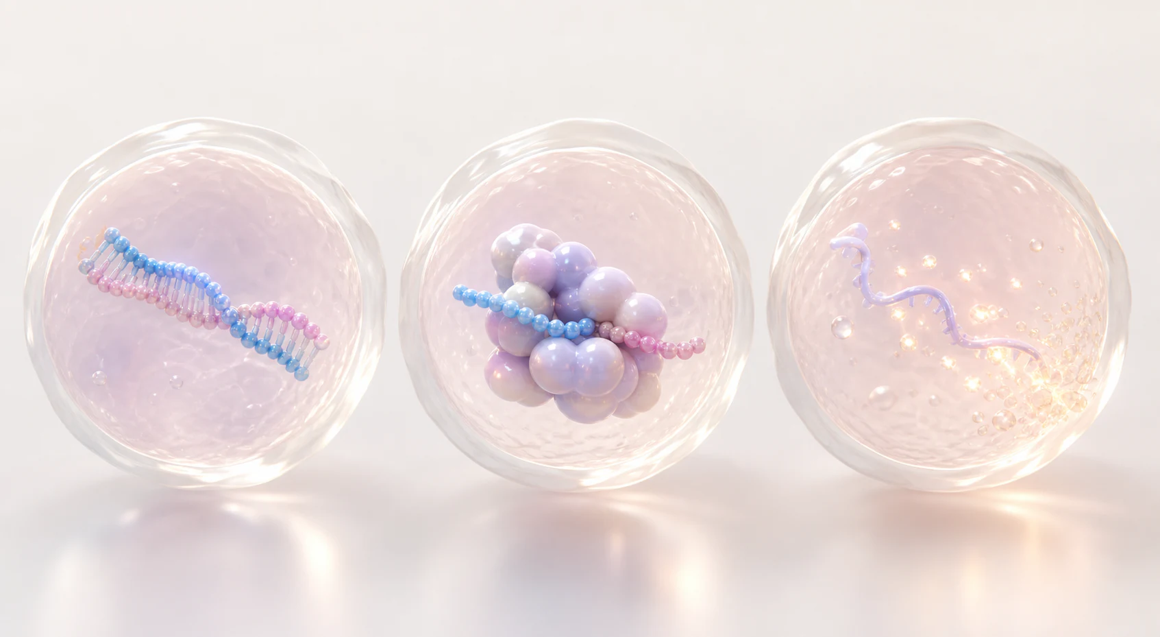Three translucent pastel capsules showing siRNA duplex loading into a simplified RISC complex