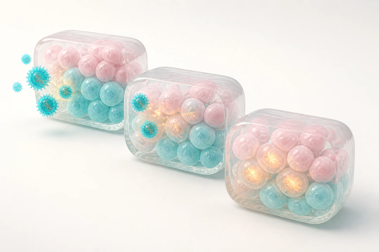 Three glossy pastel tissue capsules showing reusable siRNA delivery and knockdown visual assets