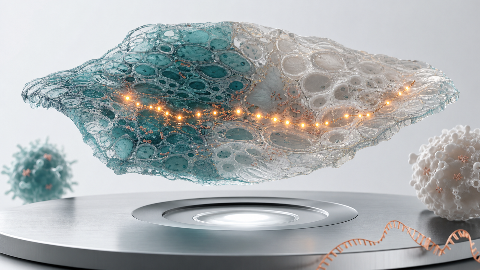 Wide 3D render of a translucent tissue section above a microscope stage with one amber spatial signal path.