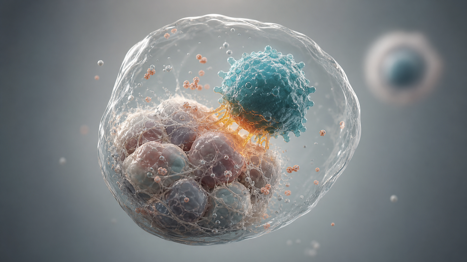 Wide 3D render of a translucent tumor immune niche with one highlighted cell contact zone.