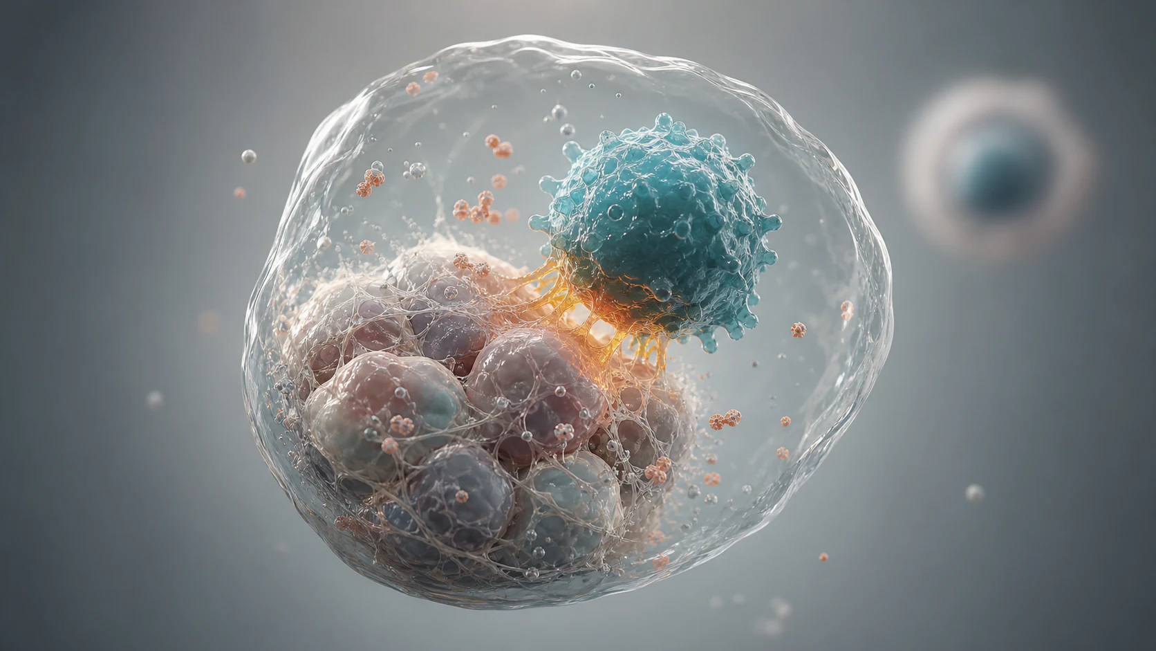 Wide 3D render of a translucent tumor immune niche with one highlighted cell contact zone.