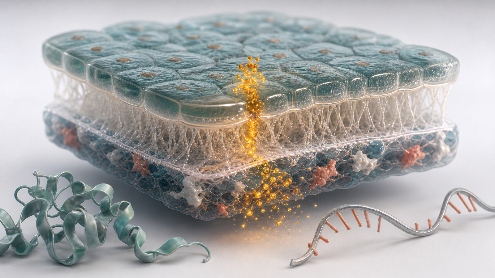 Wide 3D render of layered cell neighborhood tissue with an amber molecular signal and subtle RNA forms.
