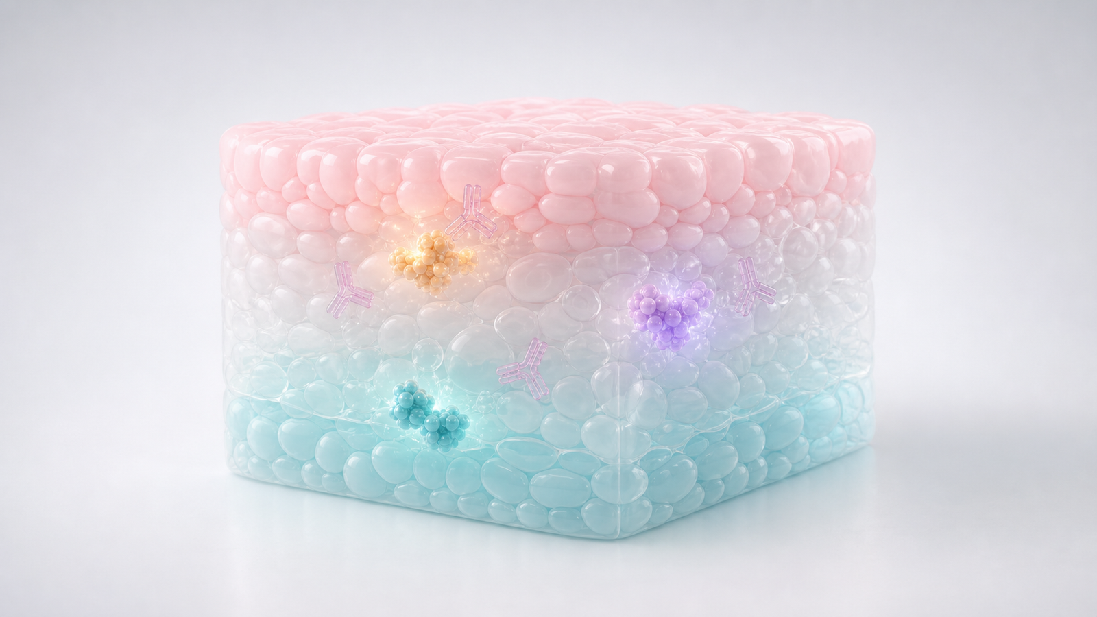 Glossy pastel tissue block with antibody forms and protein marker clusters for spatial proteomics visualization