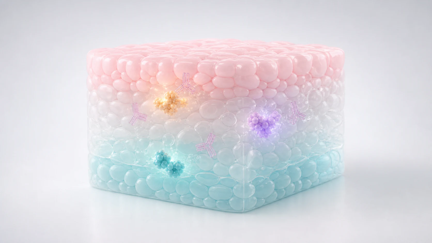 Glossy pastel tissue block with antibody forms and protein marker clusters for spatial proteomics visualization