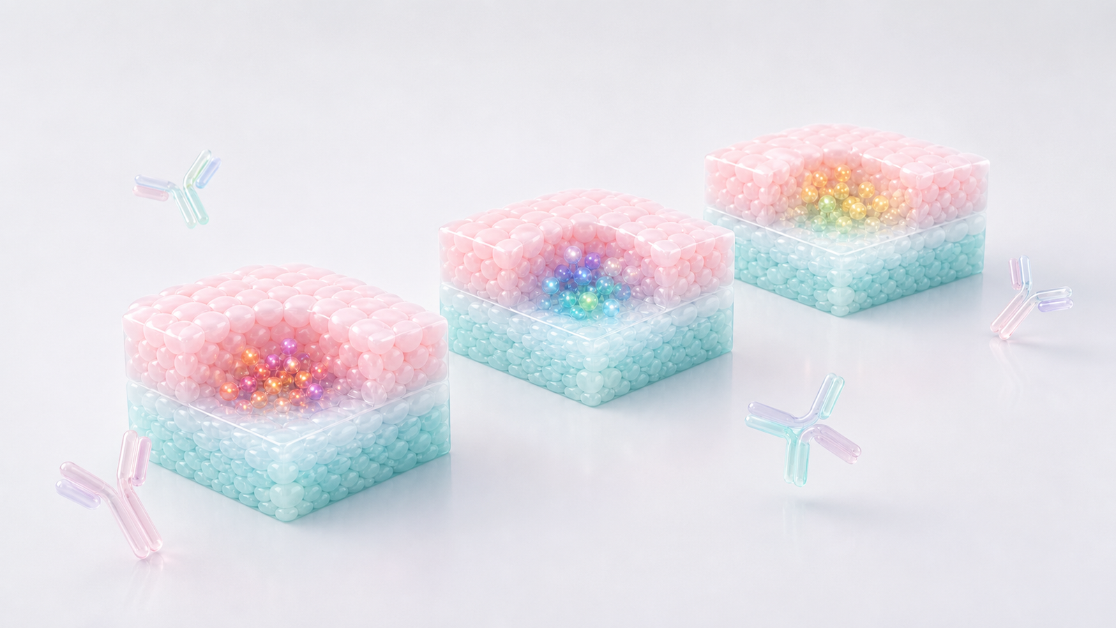 Three pastel 3D tissue modules with different protein marker clusters for a reusable spatial proteomics figure system