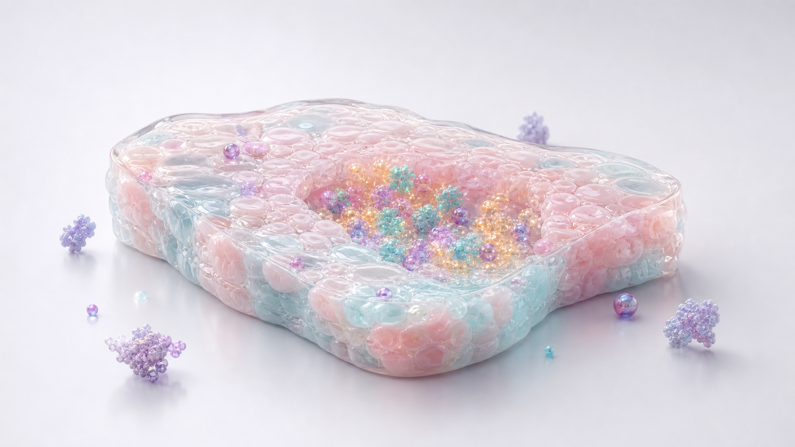 Pastel 3D tissue slice with glowing protein marker beads for commercial spatial proteomics visuals