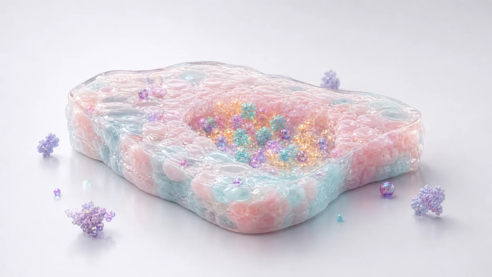 Pastel 3D tissue slice with glowing protein marker beads for commercial spatial proteomics visuals