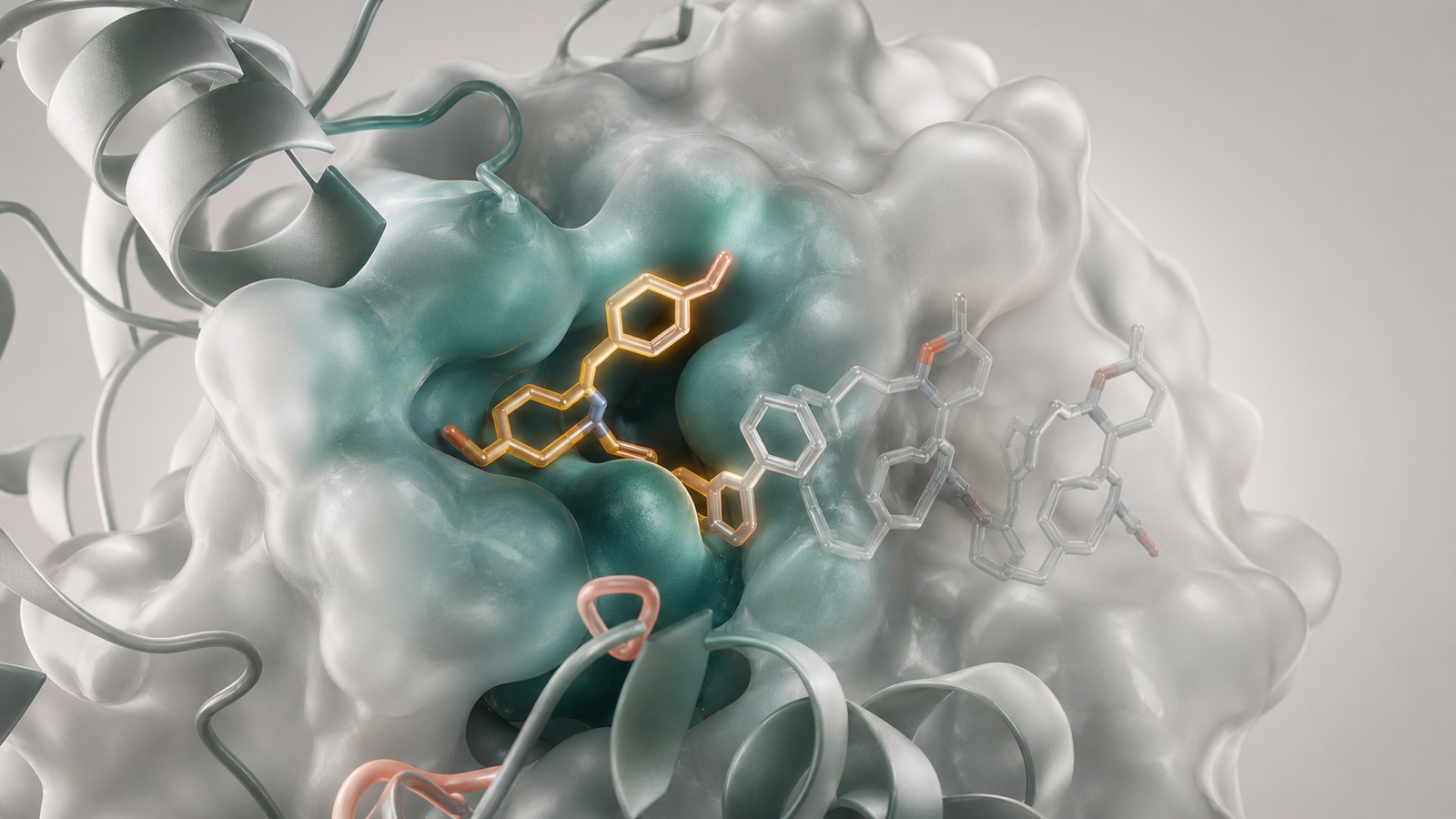 Wide 3D render of a protein binding pocket with one highlighted ligand pose and two ghosted candidate poses.