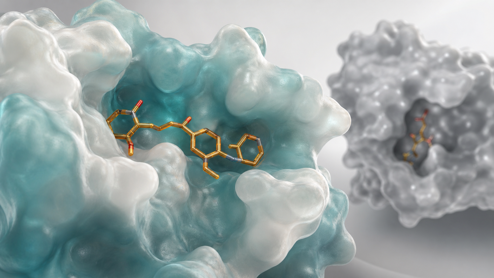 Wide 3D render of a ligand fitting one target pocket while a de-emphasized off-target pocket sits in the background.