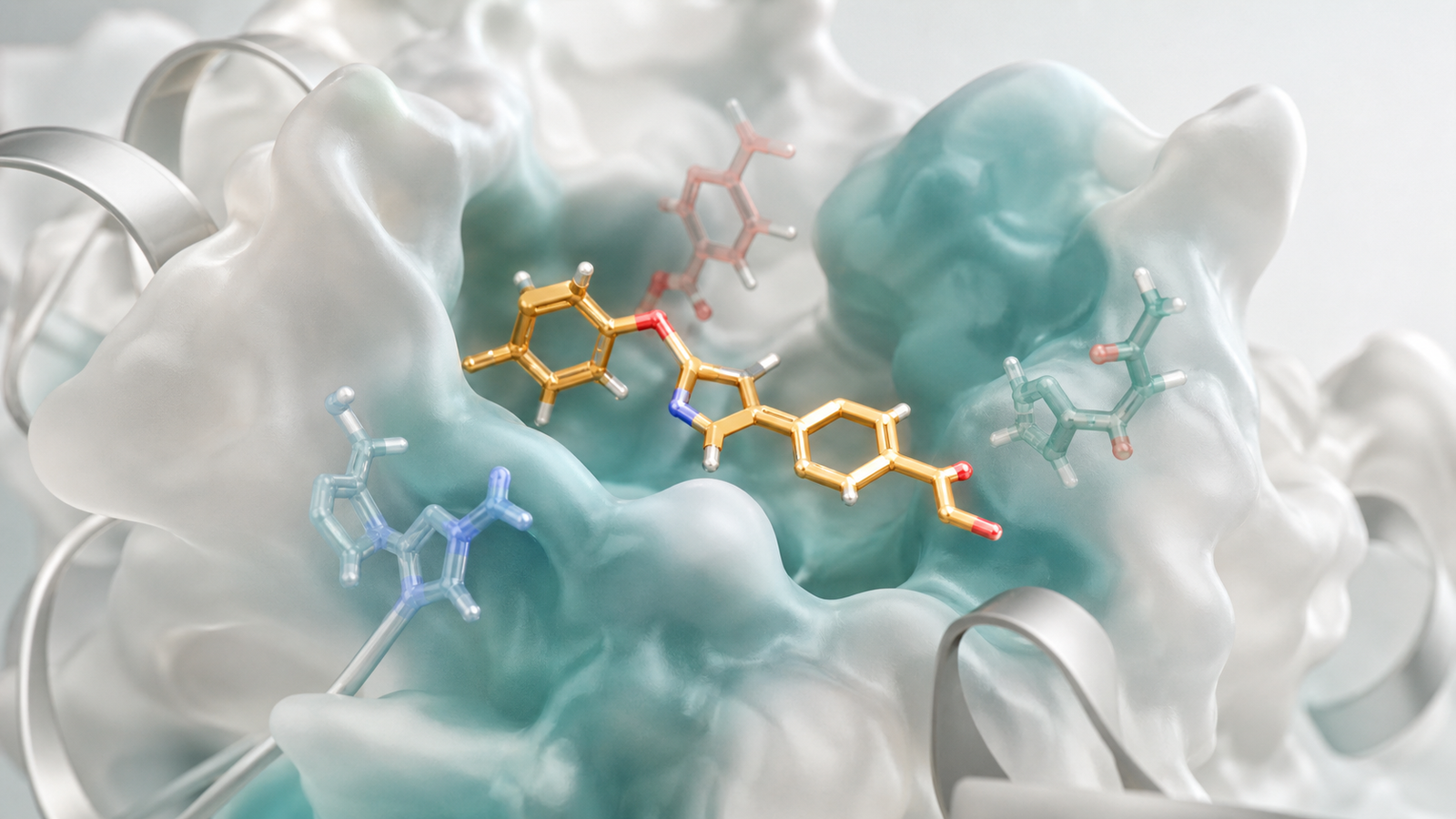 Wide 3D render of a ligand scaffold in a protein active site with a few transparent substituent fragments nearby.
