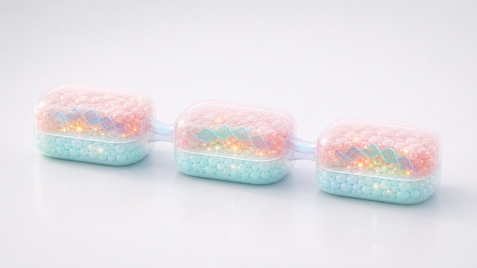 Three pastel translucent synthetic biology modules containing DNA circuit elements