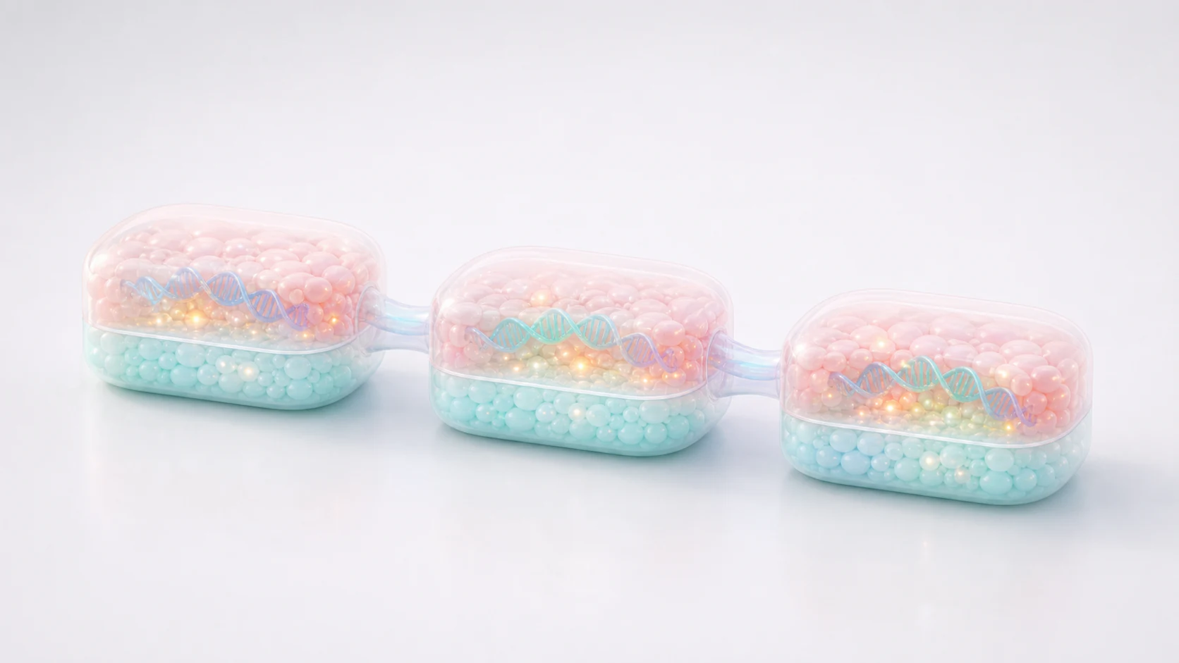 Three pastel translucent synthetic biology modules containing DNA circuit elements