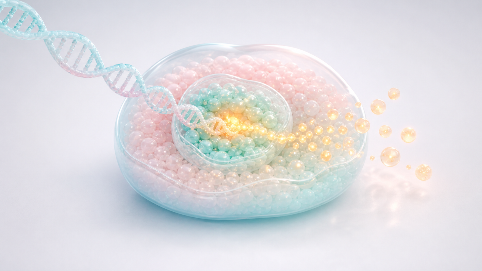 Pastel engineered cell render with a DNA element and glowing biological output signal