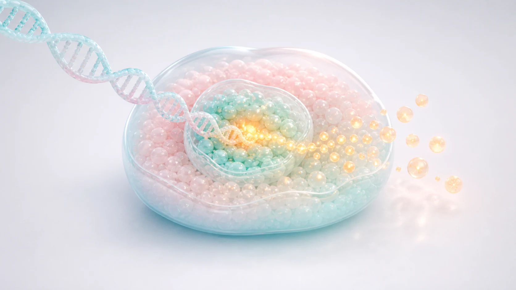 Pastel engineered cell render with a DNA element and glowing biological output signal