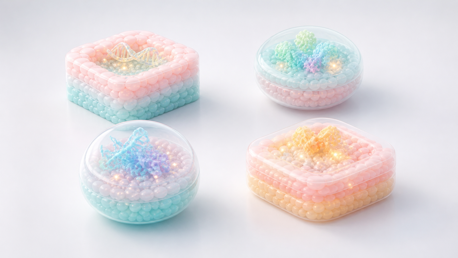 Four coordinated pastel synthetic biology modules showing a reusable platform visual system