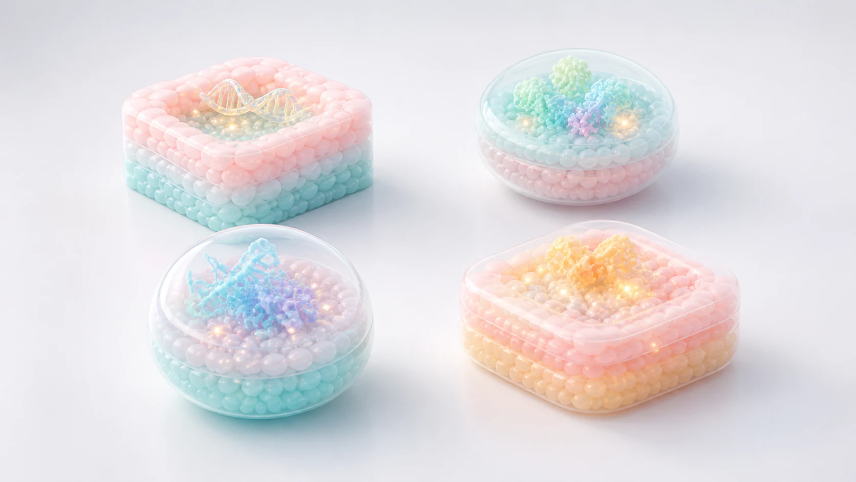 Four coordinated pastel synthetic biology modules showing a reusable platform visual system