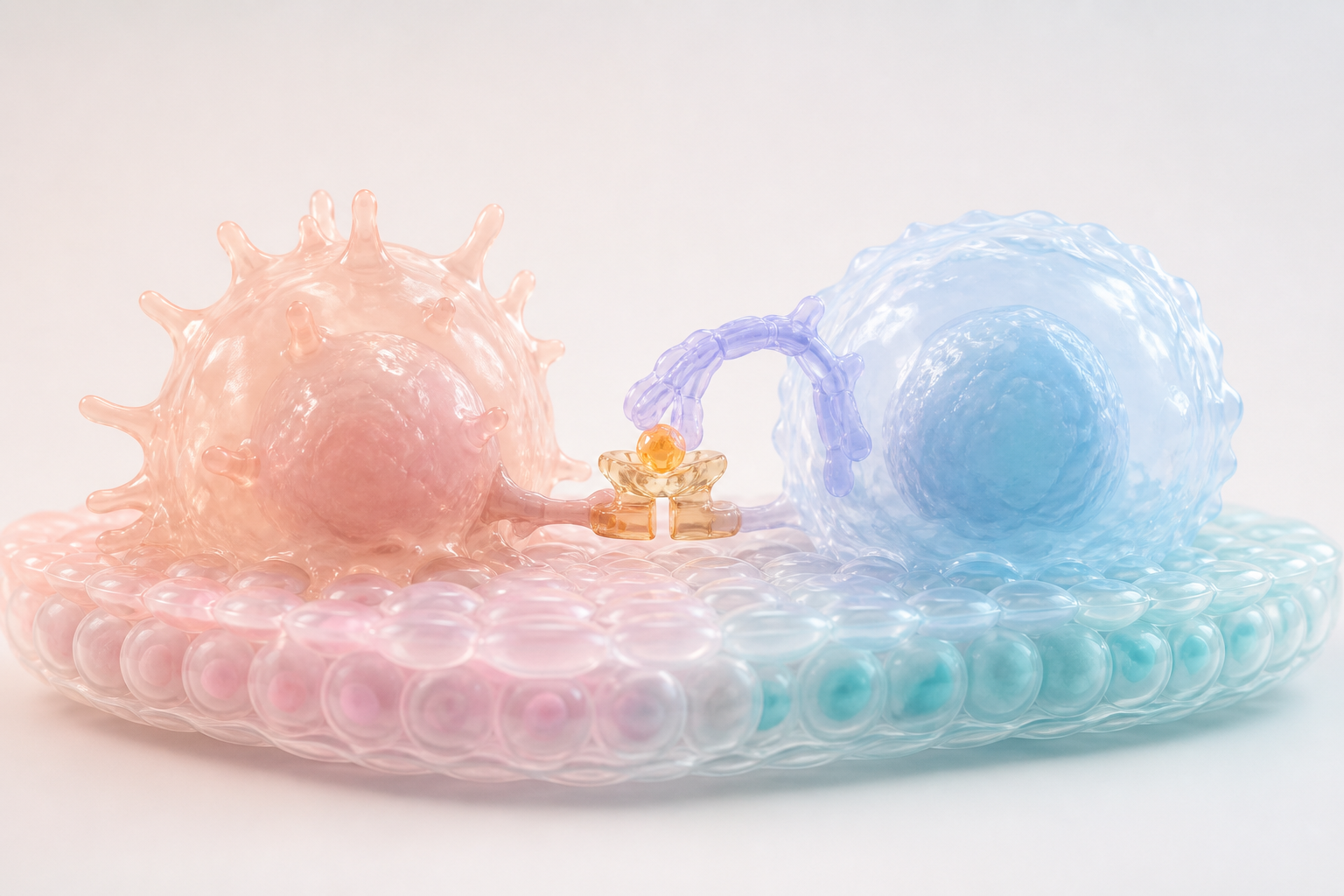 Glossy pastel T cell and antigen presenting cell showing peptide HLA recognition