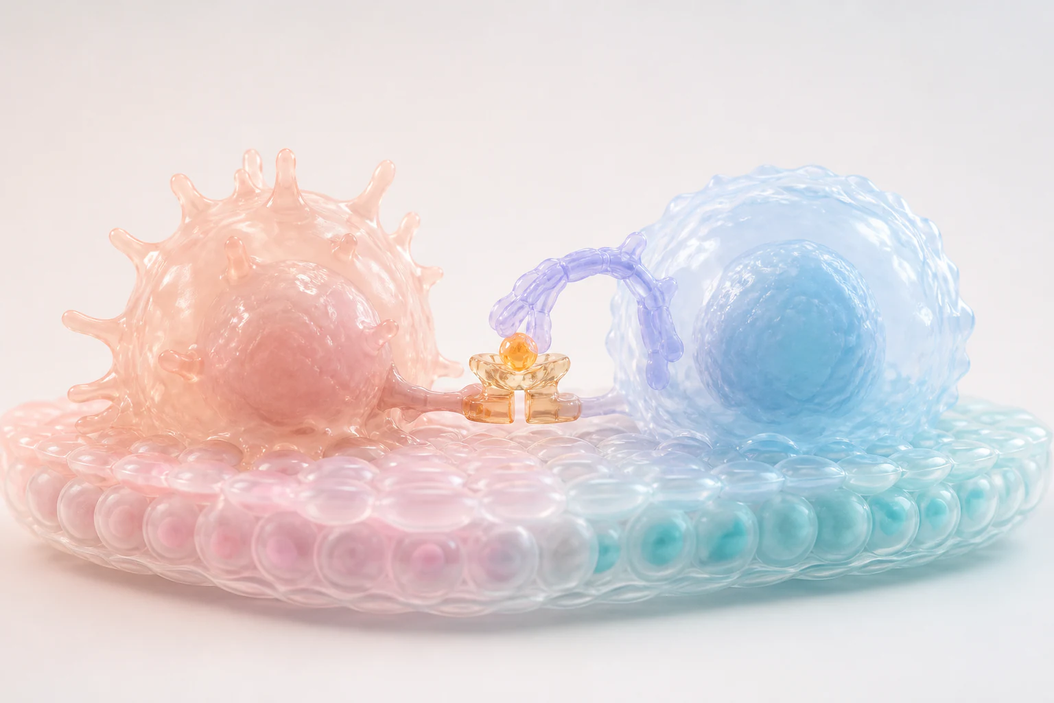 Glossy pastel T cell and antigen presenting cell showing peptide HLA recognition