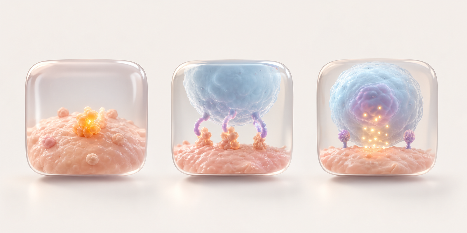Three pastel translucent TCR therapy storyboard scenes showing antigen display recognition and activation