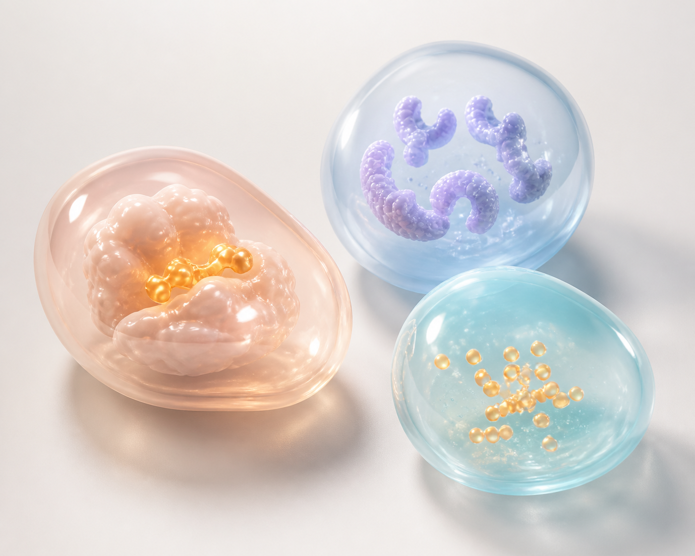 Three translucent pastel cell capsules representing a reusable TCR therapy platform visual system
