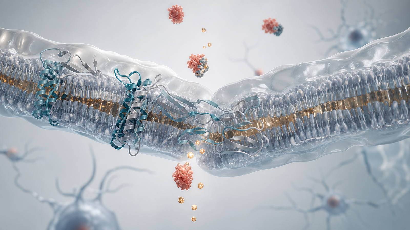 Wide 3D render of a translucent barrier membrane with protein ribbons and sparse biomarker signals passing nearby.
