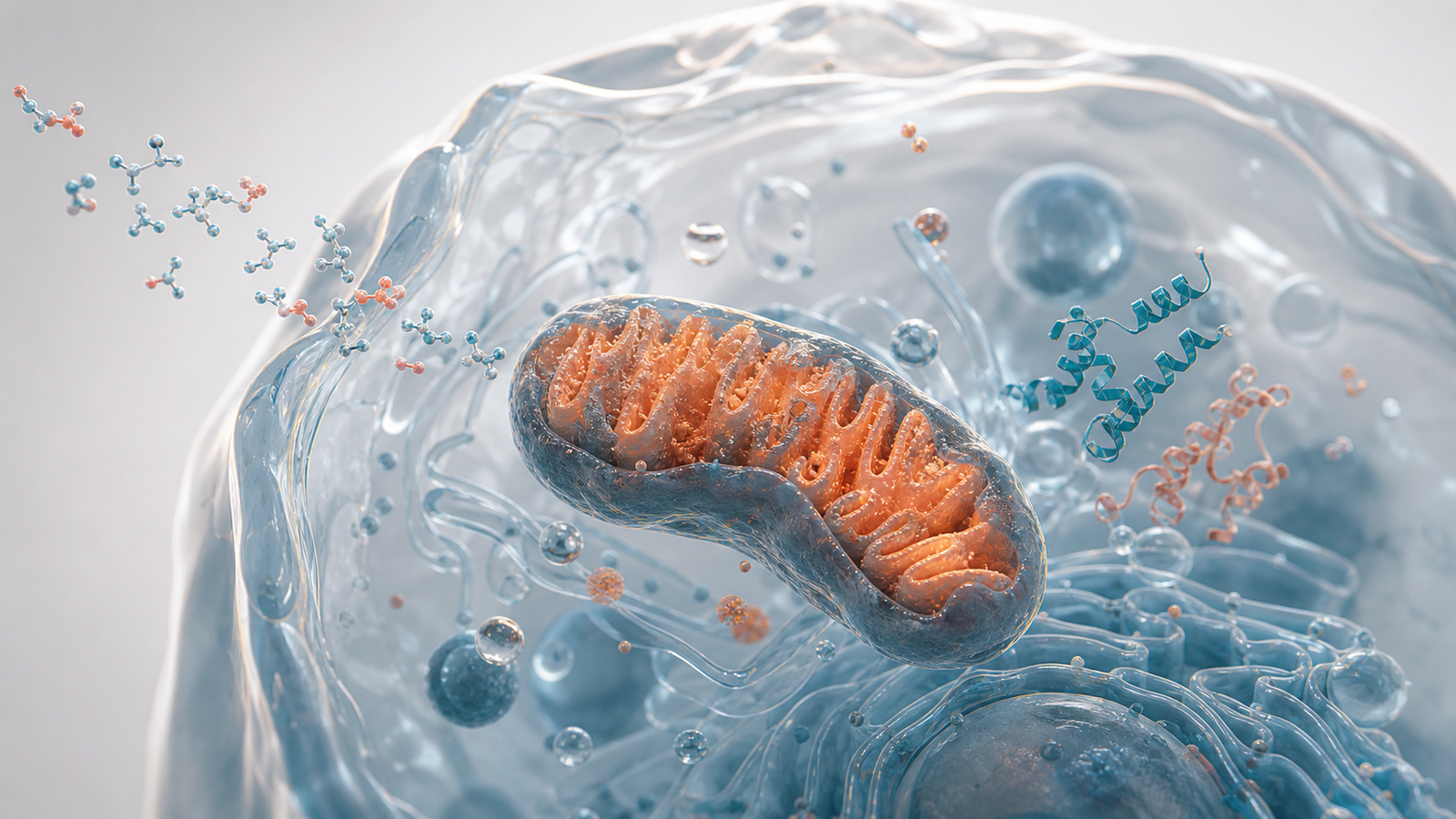 Wide 3D render of mitochondrial stress inside a translucent hepatocyte with nearby drug molecules and protein ribbons.
