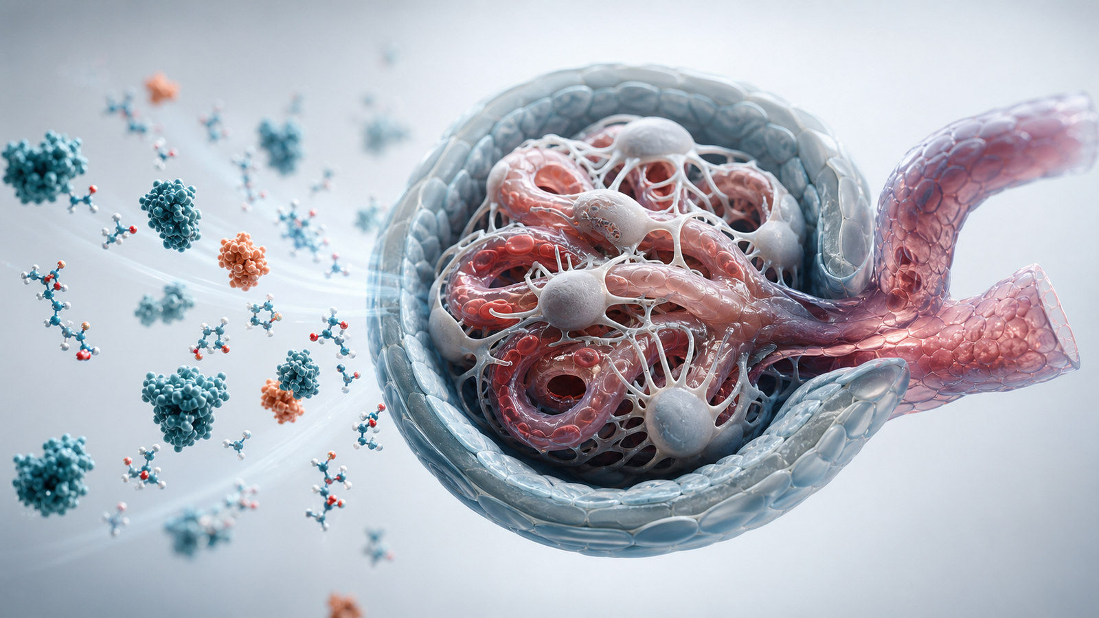 Wide 3D render of a glomerulus-inspired kidney microstructure with sparse drug molecules and biomarker proteins nearby.