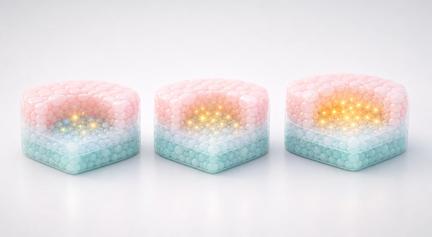 Three glossy pastel tissue samples with increasing warm biomarker signals for translational evidence mapping