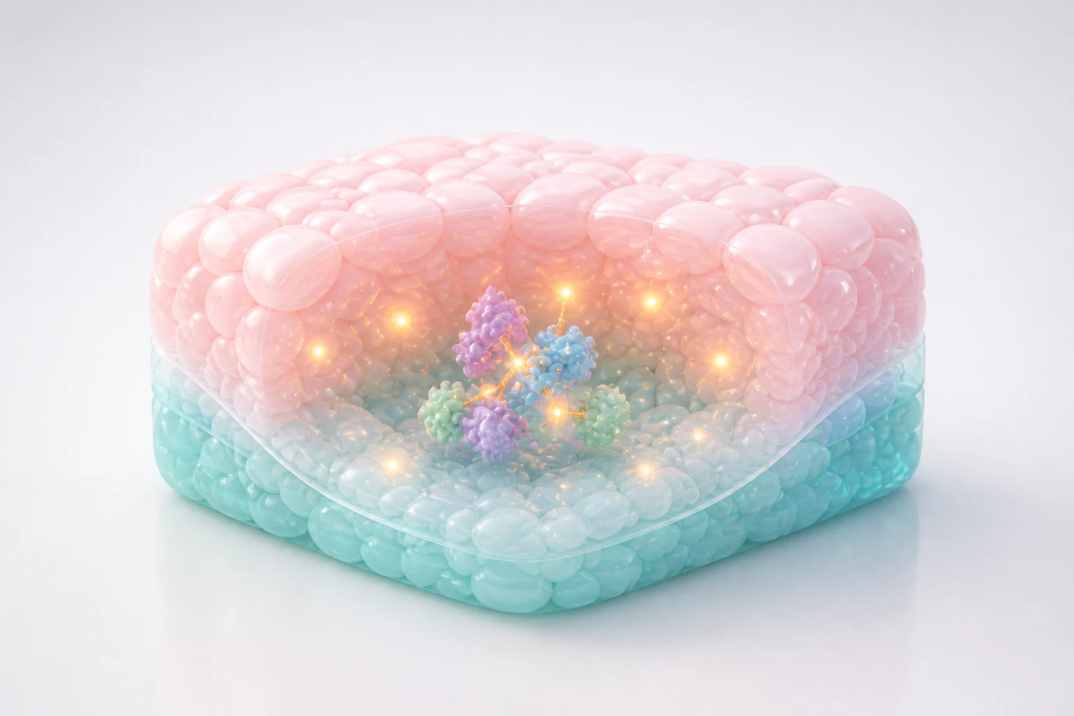 Translucent pastel tissue cutaway with molecular clusters and warm biomarker signals linking mechanism to assays