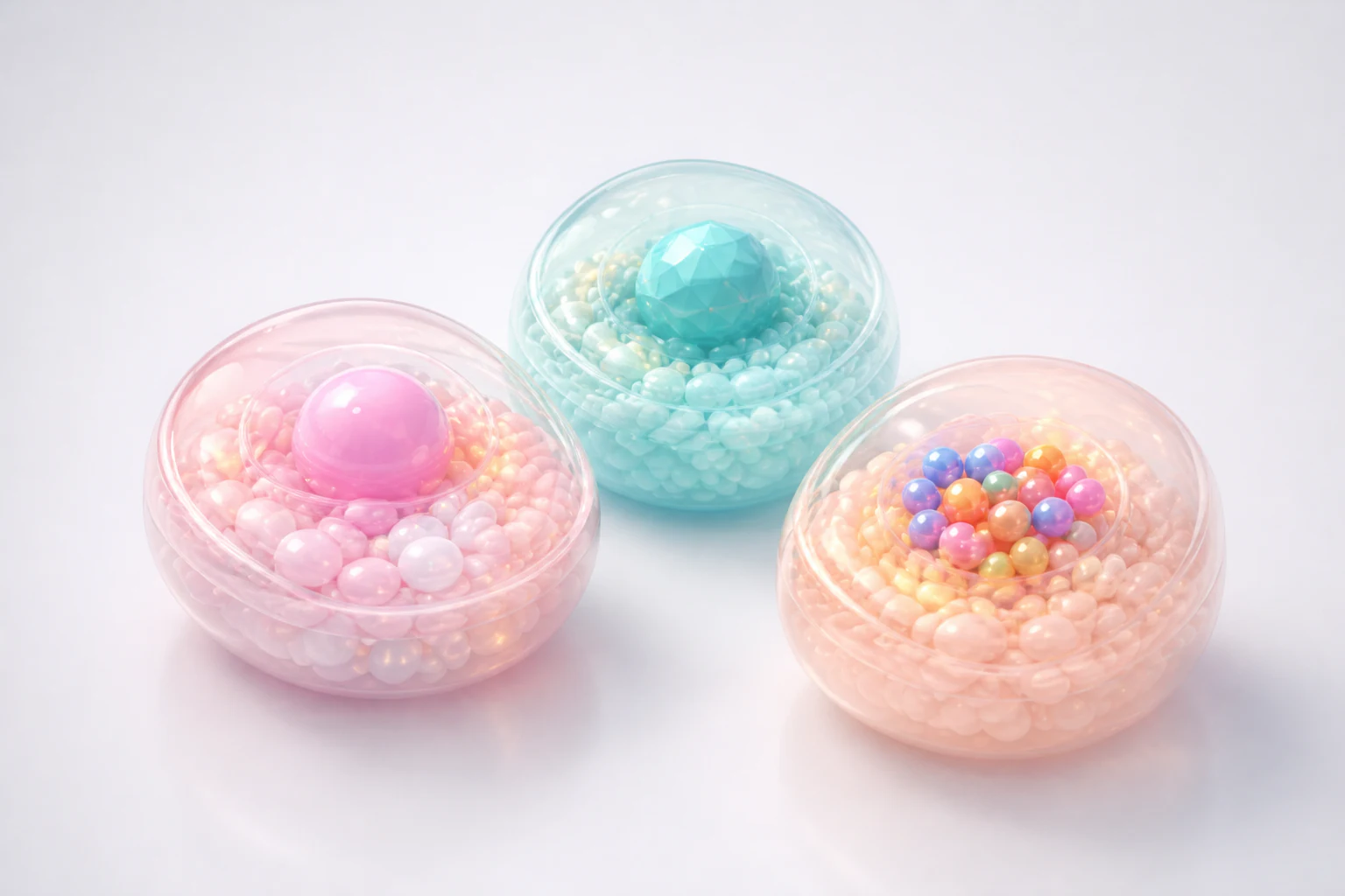 Three glossy translucent biomarker capsules representing reusable visual assets for biotech communication