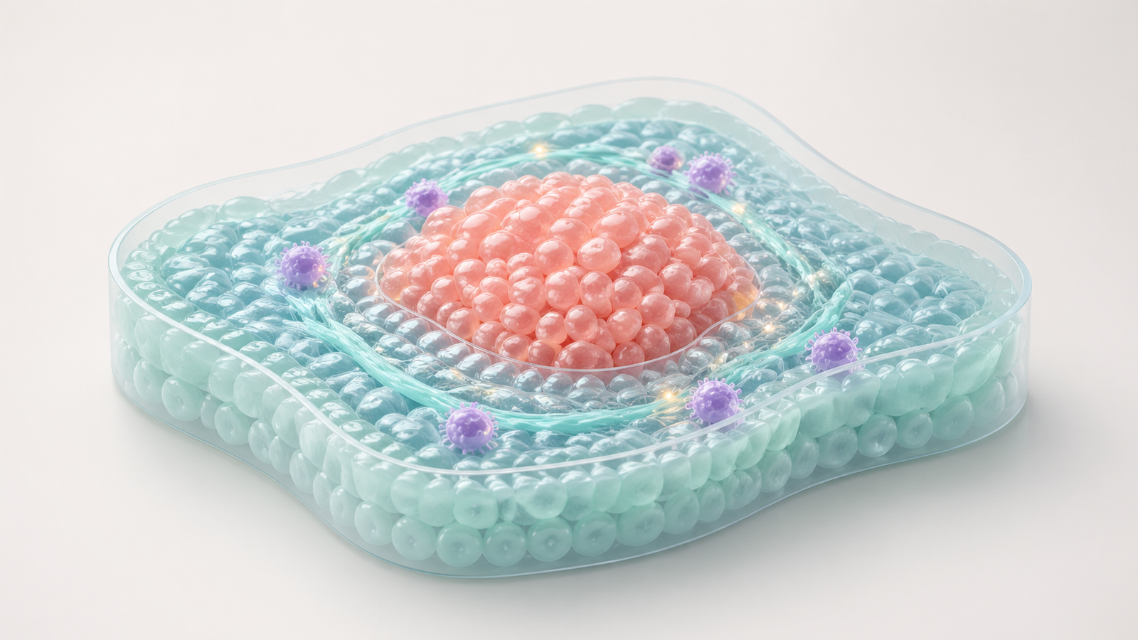 Glossy pastel tumor microenvironment map with coral tumor cells, aqua stroma and lavender immune cells