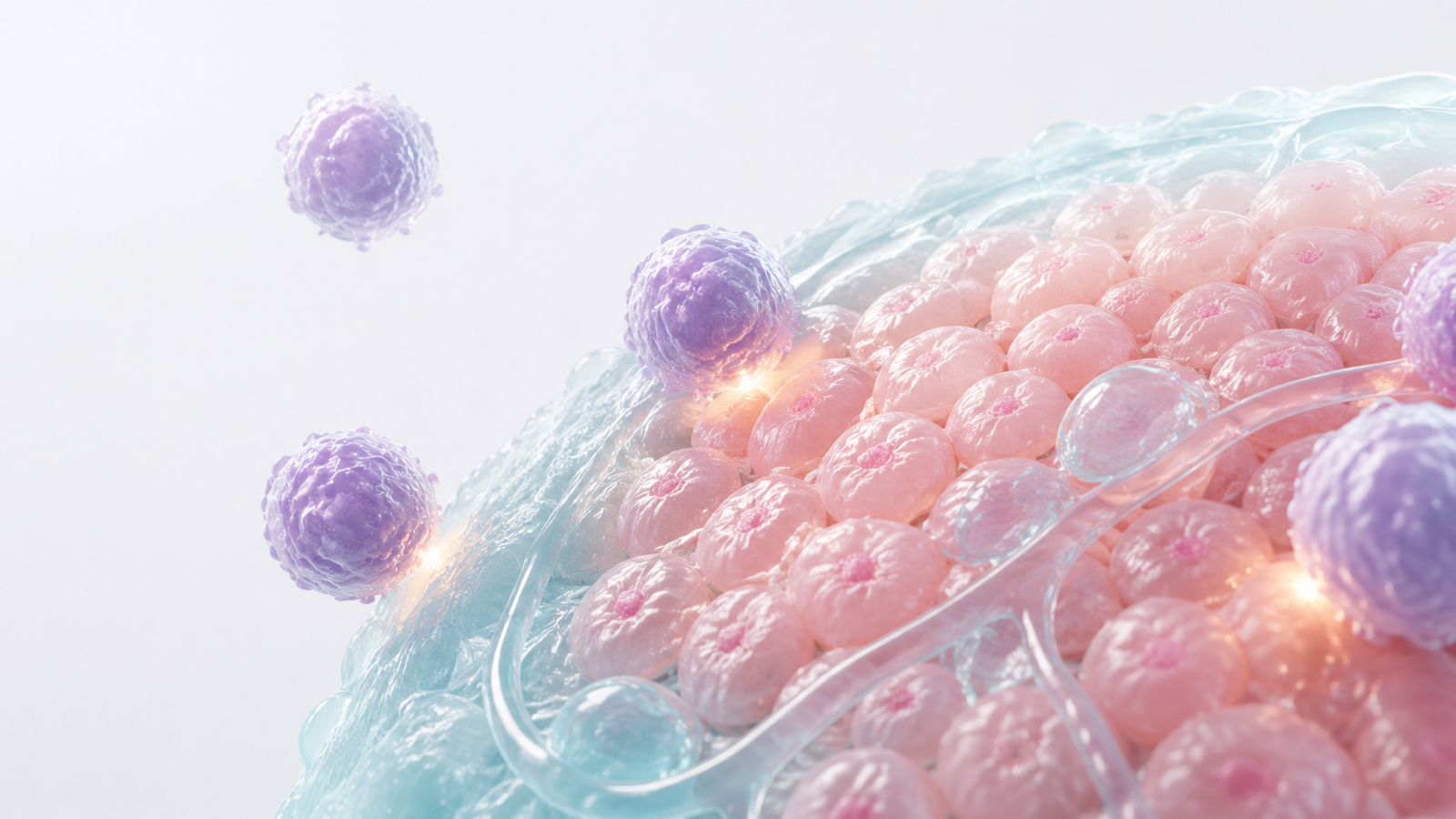 Lavender immune cells engaging a coral tumor-cell edge inside a pale aqua microenvironment