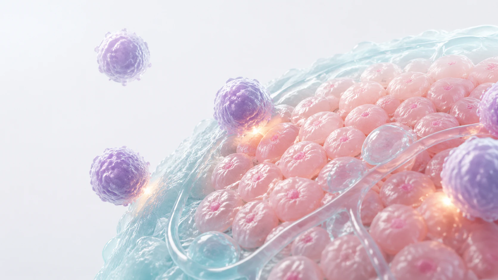 Lavender immune cells engaging a coral tumor-cell edge inside a pale aqua microenvironment