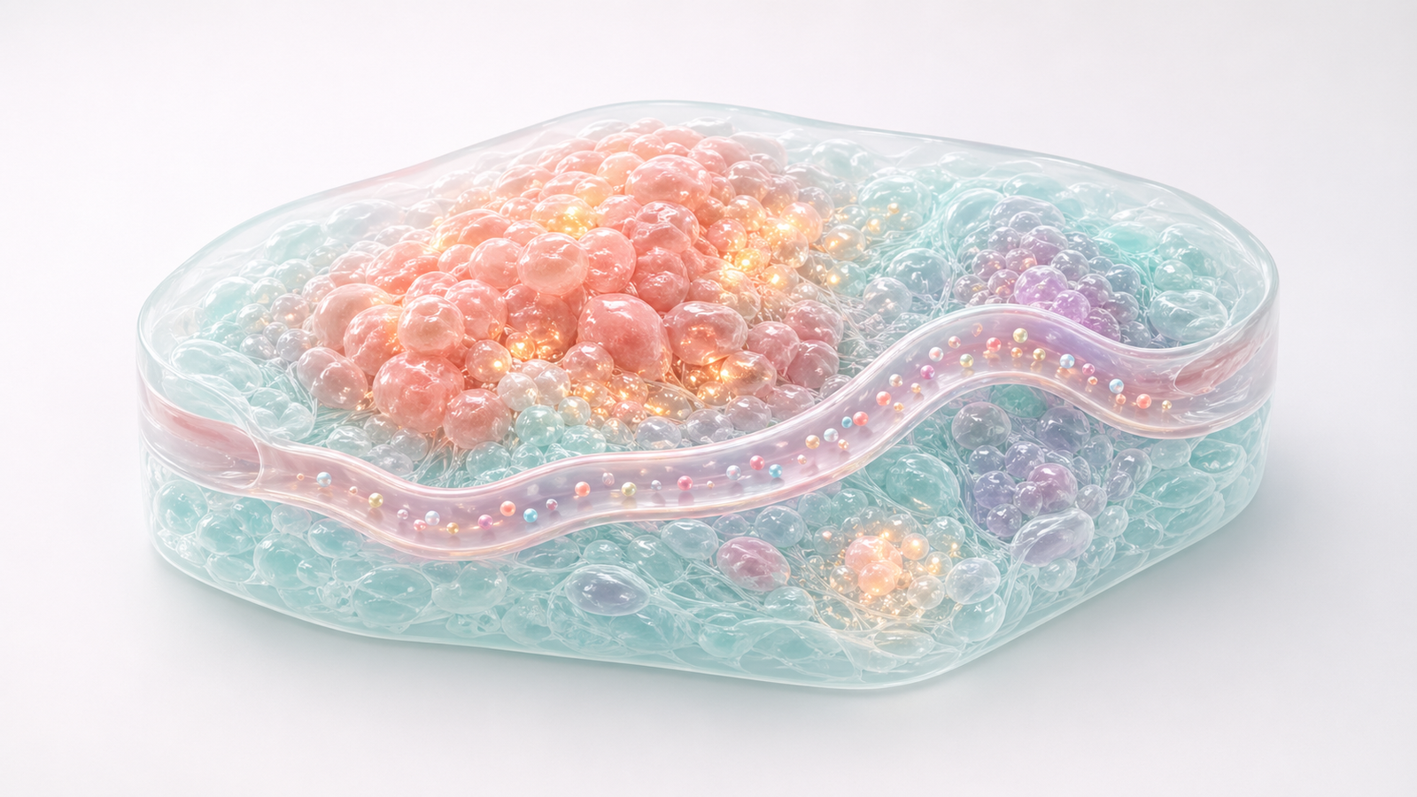 Pastel therapeutic particles moving through a translucent vessel channel toward a coral tumor region