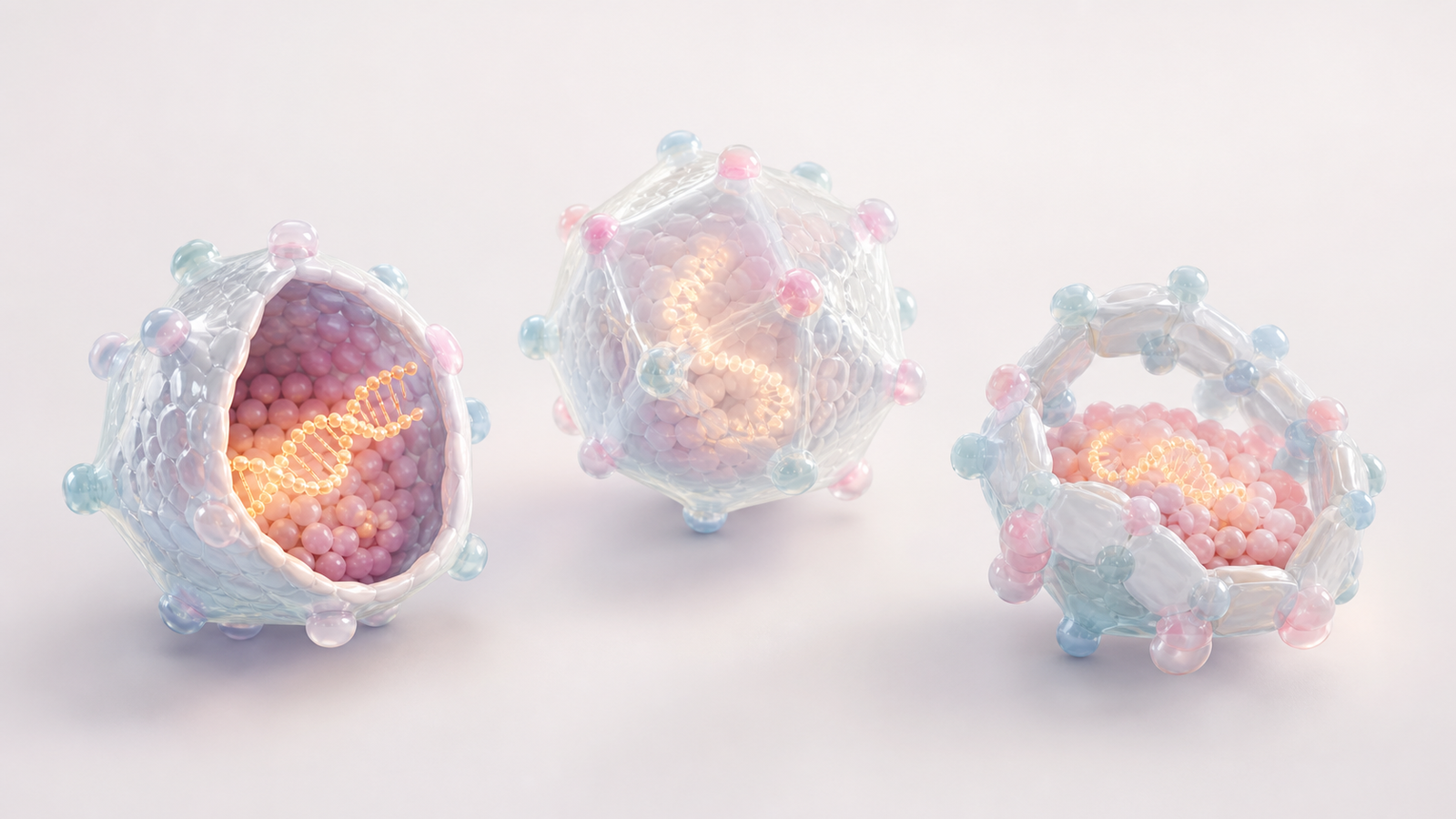 Glossy pastel viral vector particles with translucent capsids and glowing genetic payloads