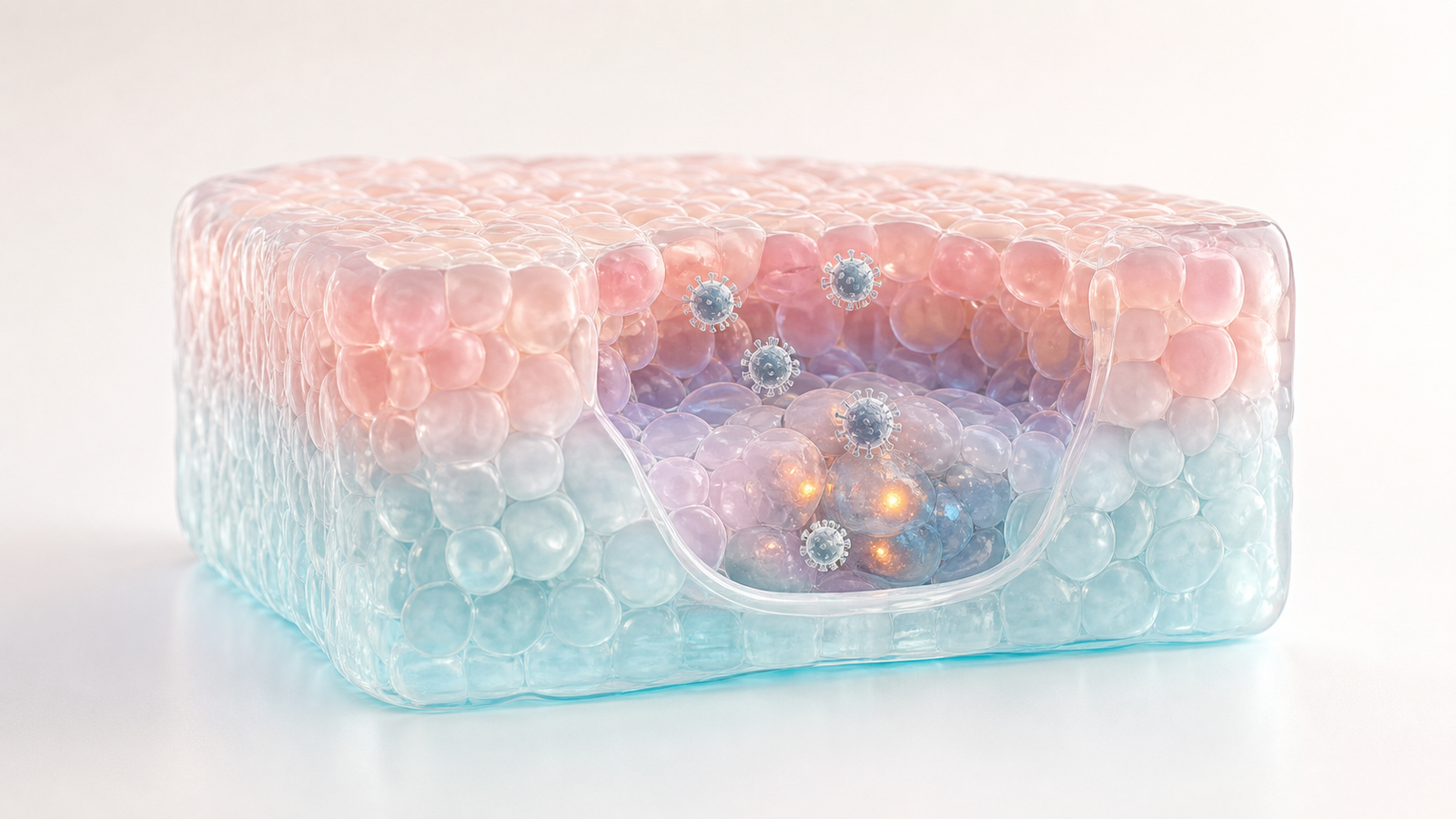 Pastel translucent tissue block with viral vectors entering a glowing target cell zone