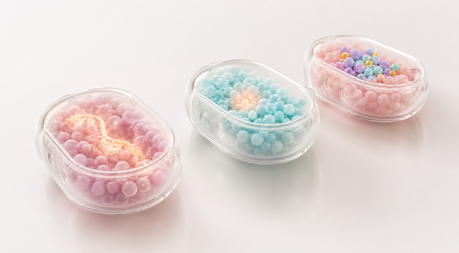 Three glossy pastel platform modules showing payload expression and review beads for viral vector programs