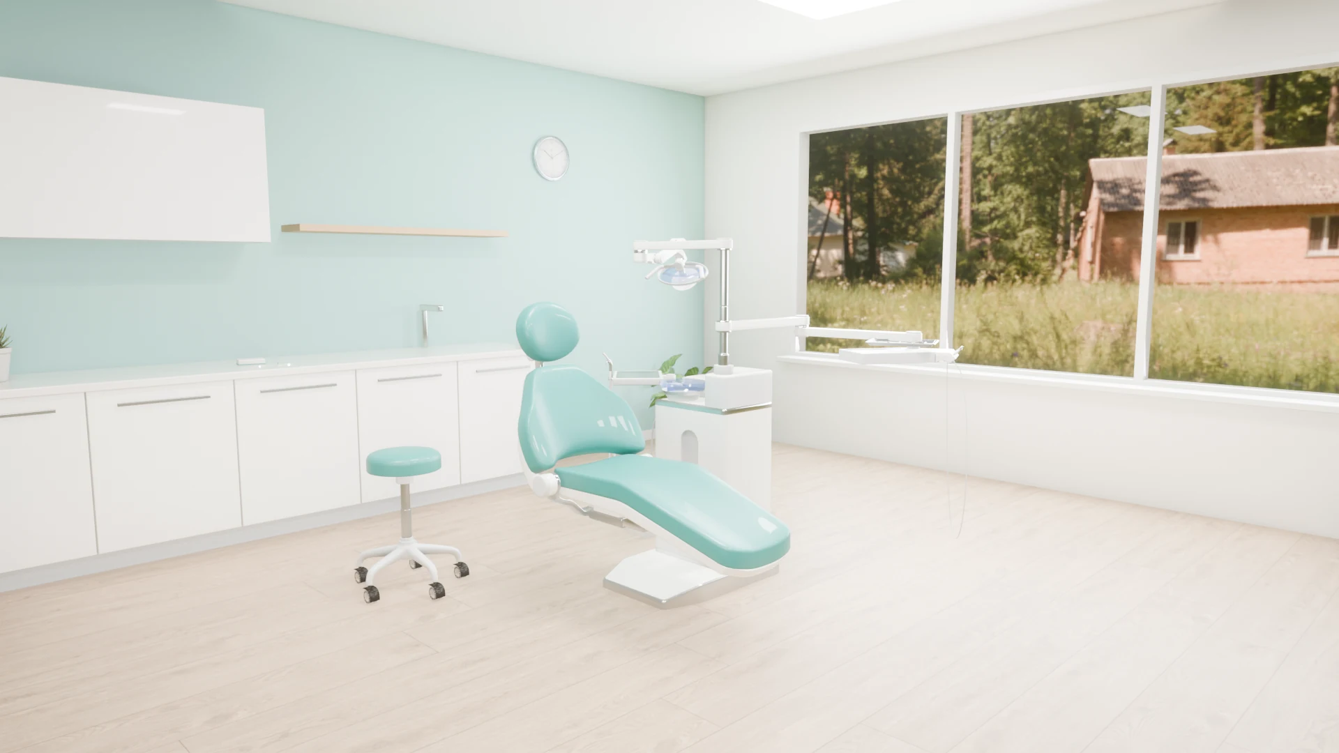 Full HD frame of a bright, empty dental treatment room with a teal chair and a window onto trees